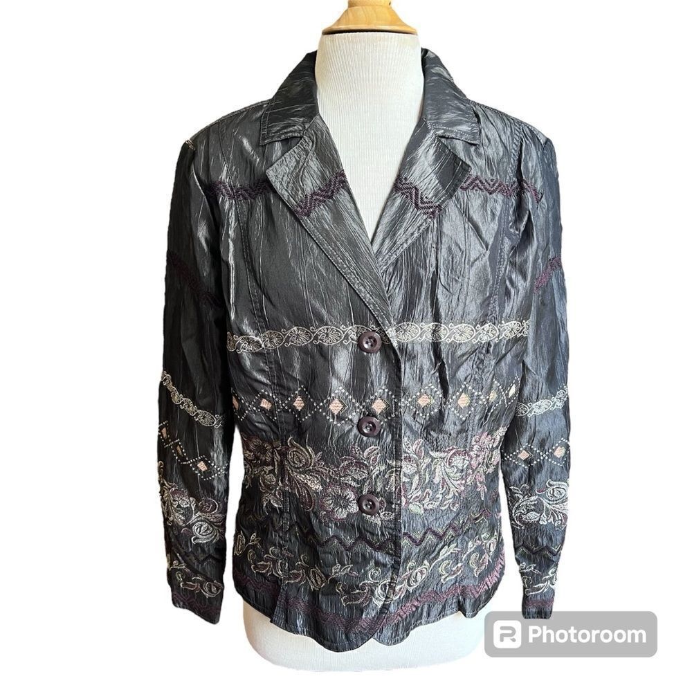 Vintage ELCC Size Large Shiny Gray Embroidered Floral Button Up Blazer Taffeta